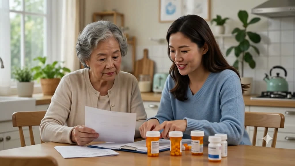 An older adult and her caregiver at a kitchen table, looking over prescription bottles and notes together.